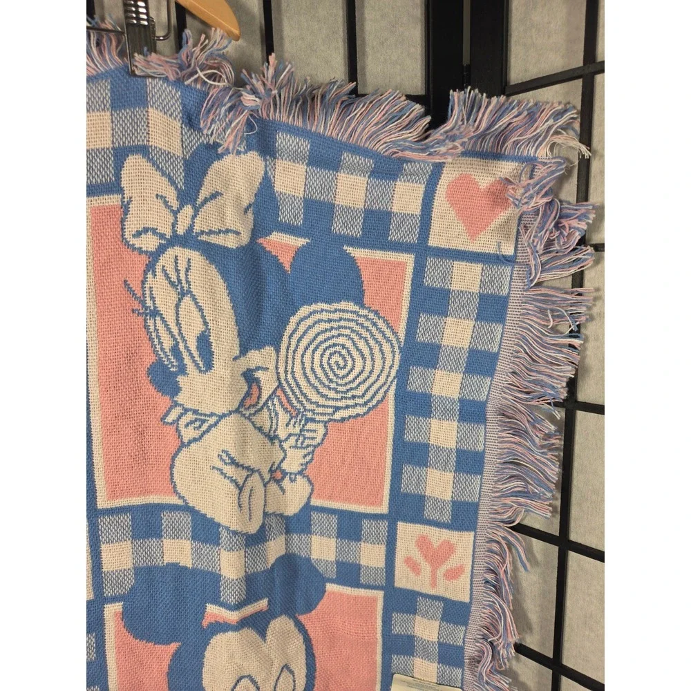 Vintage 1994 Disney Avon Baby Blanket Woven Mickey Minnie Donald Pluto Pink Blue